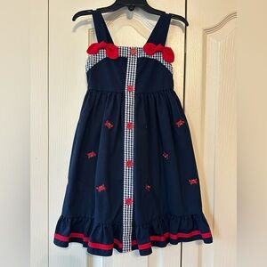 Good Lad Girls Navy Sundress with embroidered Red Crabs and Bows. Size 5